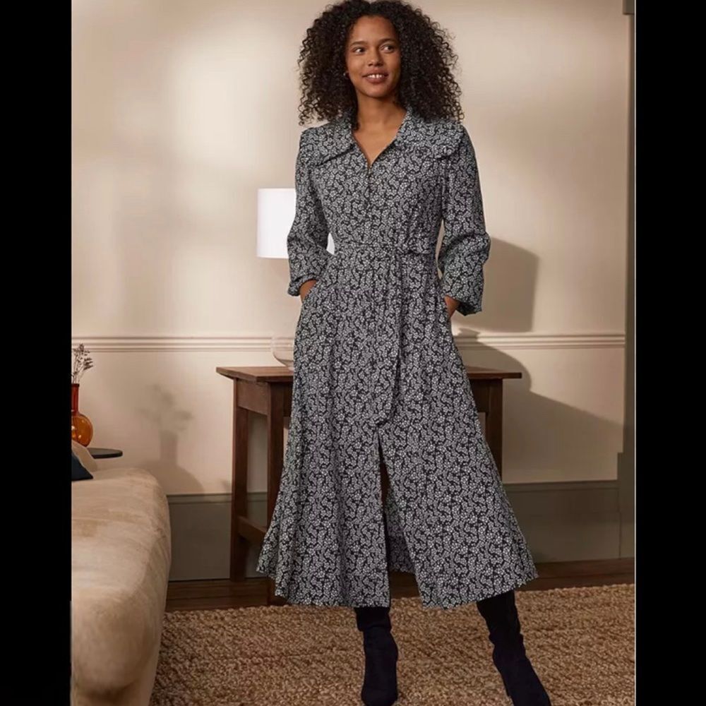 Boden Long Sleeve Floral Shirt Dress Midi Tie Waist Blue White Size 6 NWT